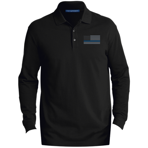 Delta Ops Long-Sleeve Thin Blue Line Polo Polo Shirts CustomCat Black X-Small 