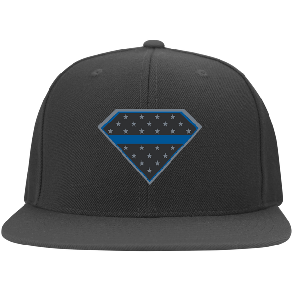 Super Thin Blue Line Hat Apparel CustomCat 6297F Yupoong Flat Bill Twill Flexfit Cap Dark Grey S/M