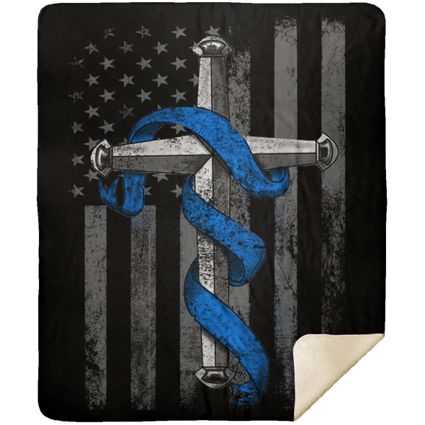 Thin Blue Line Cross Premium Mink Sherpa Blanket Blankets Black 50x60 
