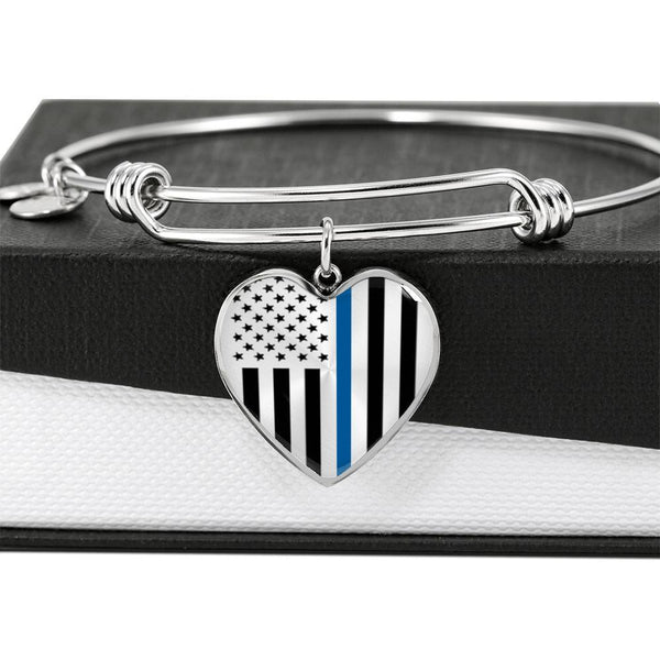 Thin Blue Line Engravable Heart Bangle - Silver or Gold Jewelry ShineOn Fulfillment 