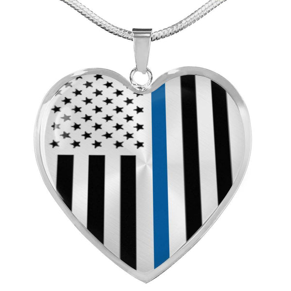 Thin Blue Line Engravable Heart Necklace - Silver or Gold Jewelry ShineOn Fulfillment Luxury Necklace (Silver) No 