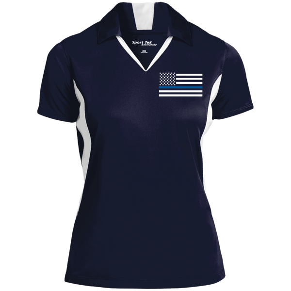 Womens' Thin Blue Line Embroidered Colorblock Performance Polo Polo Shirts CustomCat True Navy/White X-Small 